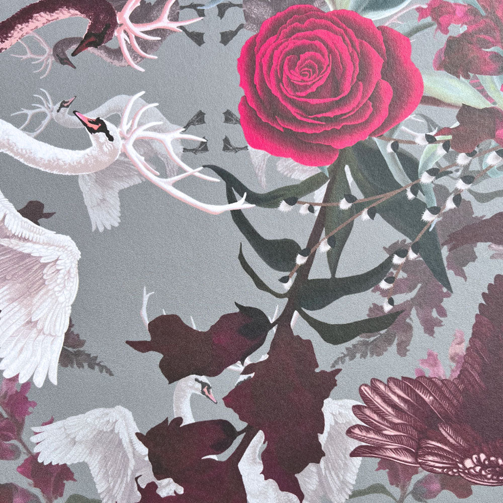 Patterned Designer Wallpaper with Swans in Hot Pink by Becca Who