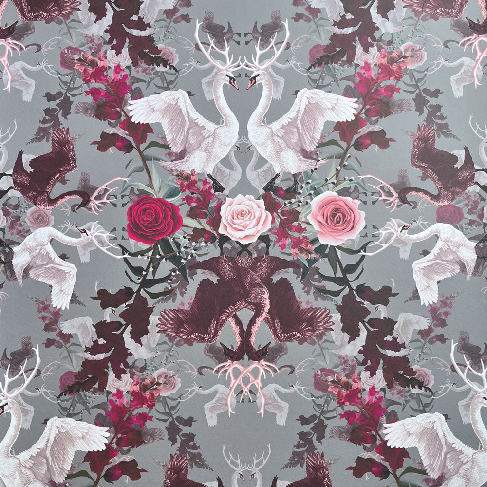 Dramatic Patterned Wallpaper with Swans in Pink Grey & Claret by Designer, Becca Who