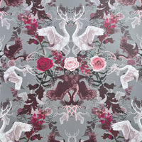 Dramatic Patterned Wallpaper with Swans in Pink Grey & Claret by Designer, Becca Who