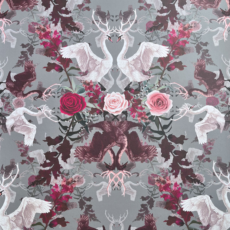 Dramatic Patterned Wallpaper with Swans in Pink Grey & Claret by Designer, Becca Who