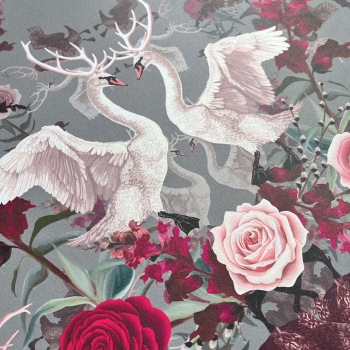 Luxury Patterned Wallpaper with Swans in Hot Pink & Grey by Designer, Becca Who
