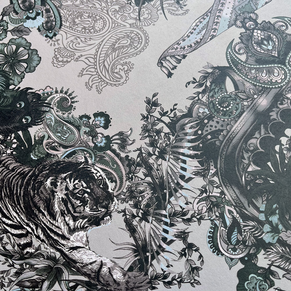 Grey Silver Statement Feature Wallpaper with Indian Pattern Neutral Decor by UK Designer Becca Who 