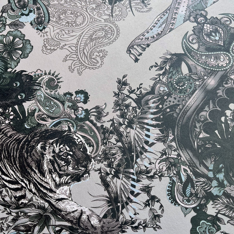 Grey Silver Statement Feature Wallpaper with Indian Pattern Neutral Decor by UK Designer Becca Who 