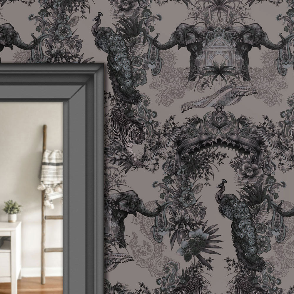Grey Silver Feature Wallpaper with Indian Pattern by UK Designer Becca Who 