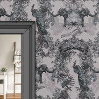 Grey Silver Feature Wallpaper with Indian Pattern by UK Designer Becca Who 