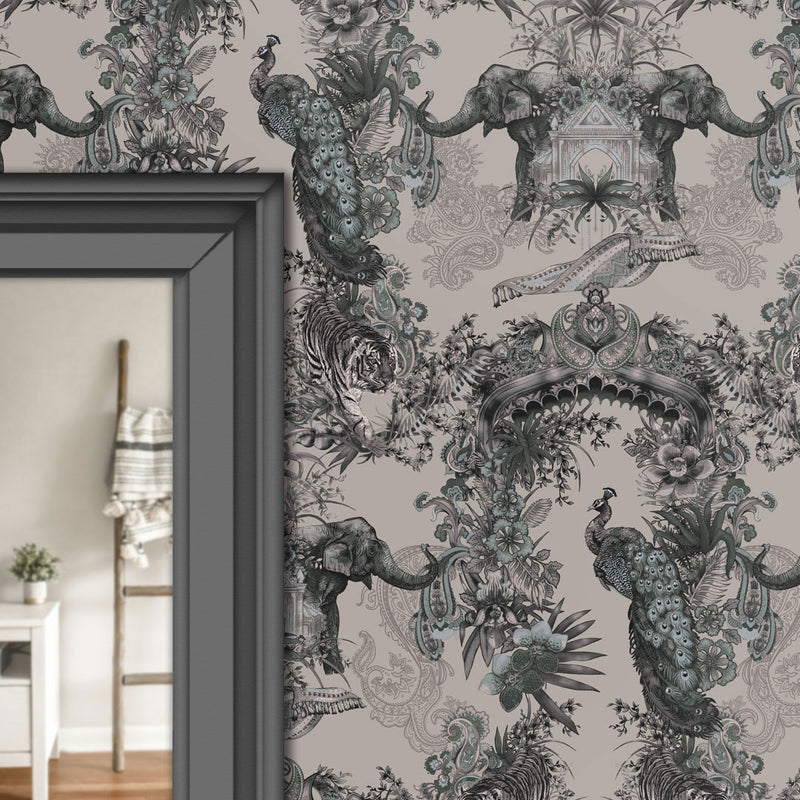 Elegant Designer Wallpaper in Antique Silver with Indian Pattern & Wildlife by Becca Who