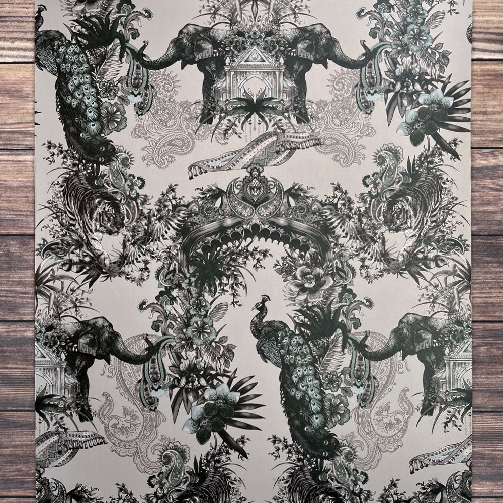 Grey Silver Statement Feature Wallpaper with Indian Pattern by Designer Becca Who 
