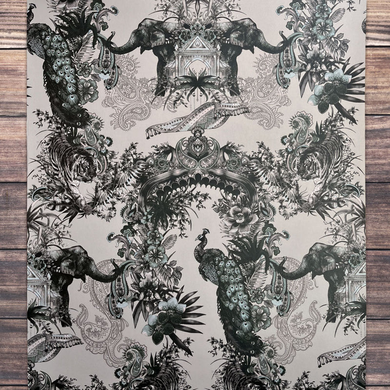 Grey Silver Statement Feature Wallpaper with Indian Pattern by Designer Becca Who 