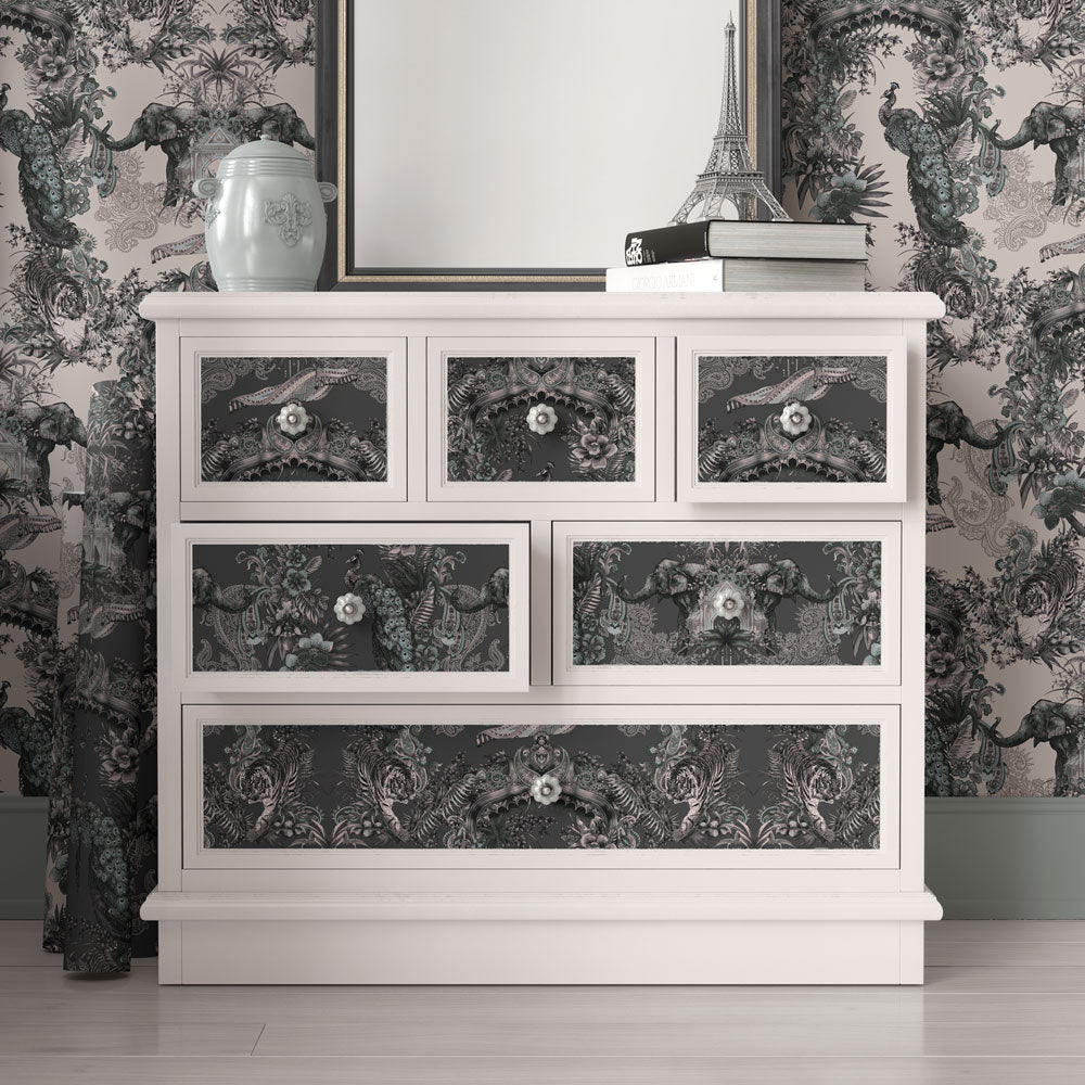 Indian Patterned Neutral Grey and Charcoal Feature Wallpaper by Becca Who