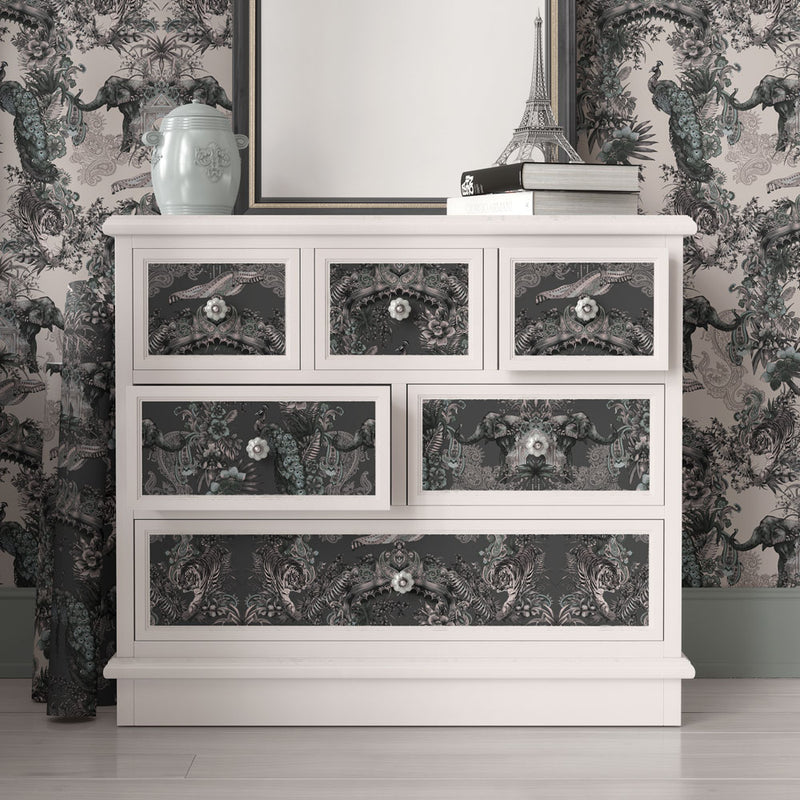 Indian Patterned Neutral Grey and Charcoal Feature Wallpaper by Becca Who
