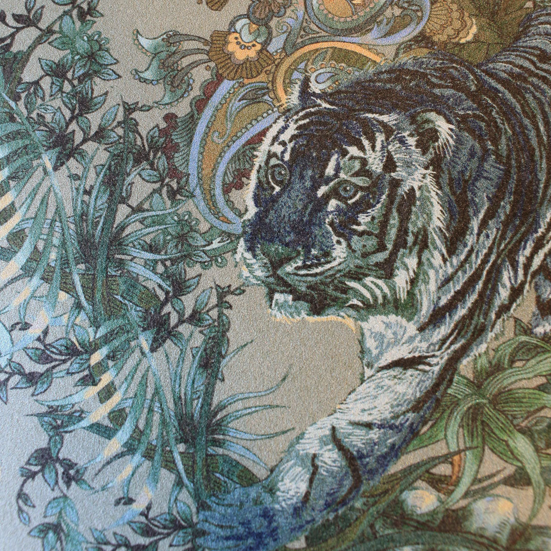 Luxury Patterned Wallpaper in Jade Green with Indian Wildlife artwork by Designer, Becca Who