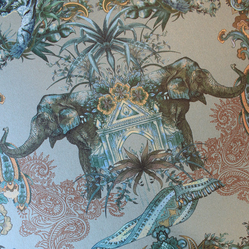 Luxury Patterned Wallpaper in Jade Green with Indian Elephants by Designer, Becca Who