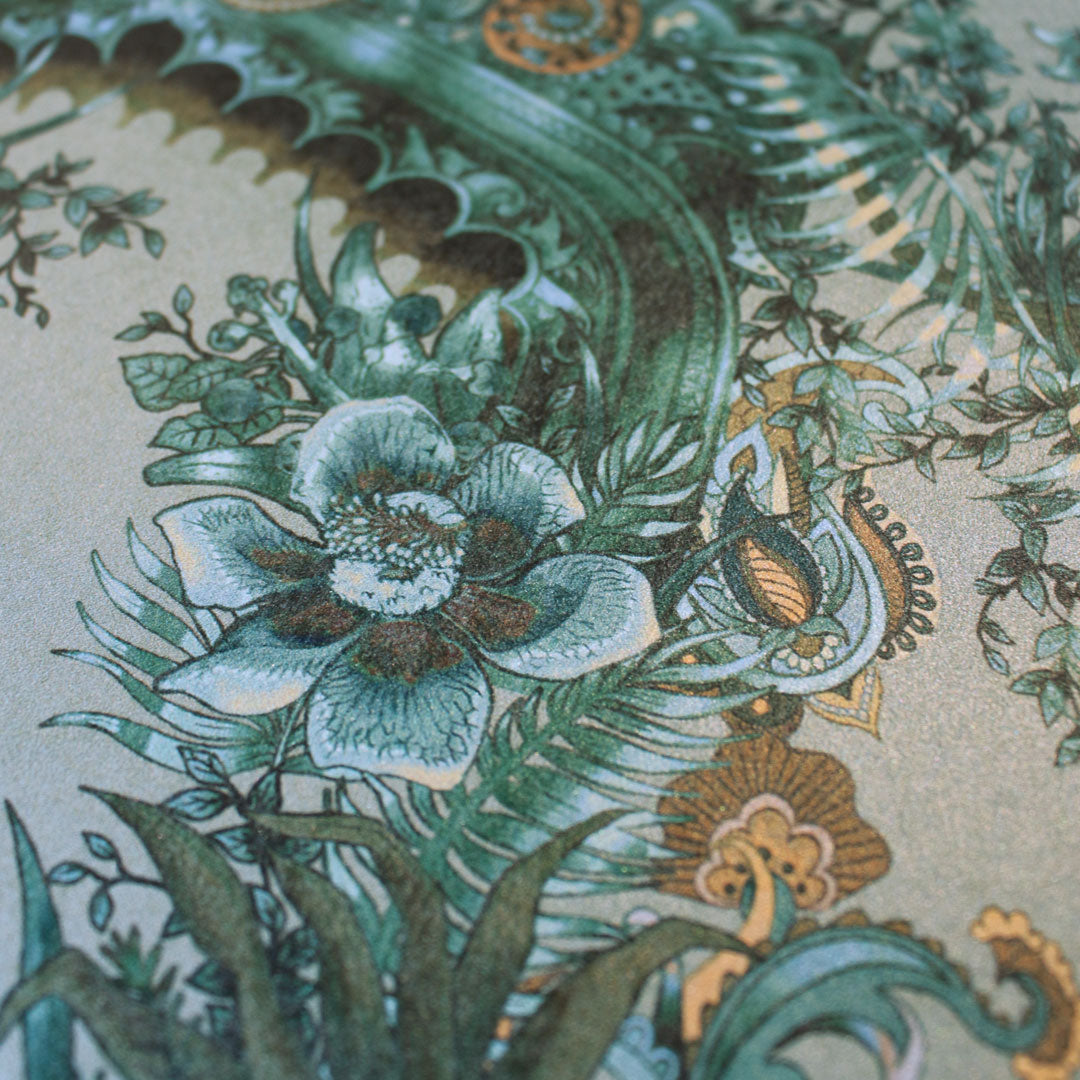 Patterned Wallpaper in Jade Green with Indian Wildlife by Designer, Becca Who