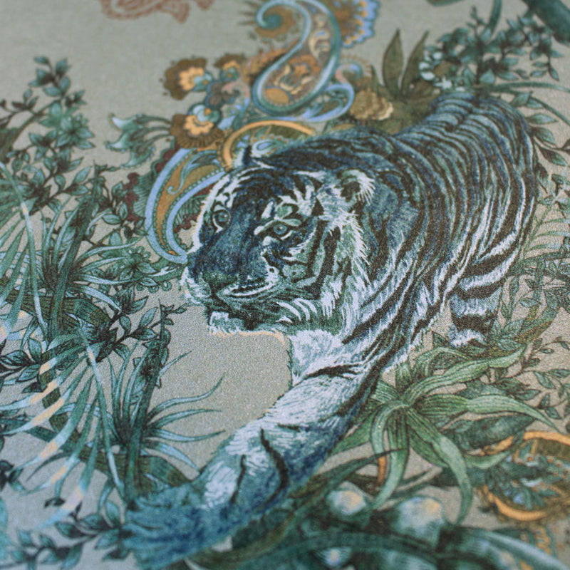 Luxury Designer Wallpaper in Jade Green with Indian Wildlife by Designer, Becca Who