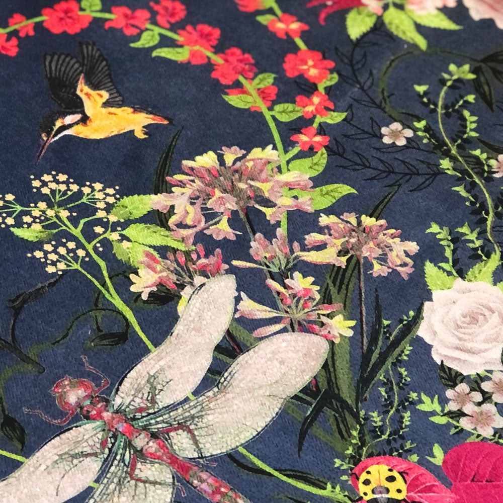 Indigo Blue Floral Colourful Patterned Fabric for Interiors by Designer, Becca Who