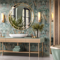 Luxury Designer Wallpaper in Jade Green with Indian Pattern in bathroom by Designer, Becca Who