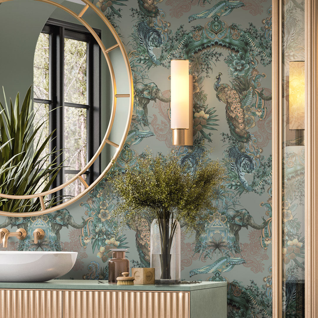 Luxury Patterned Wallpaper in Jade Green with Indian Wildlife by Designer, Becca Who