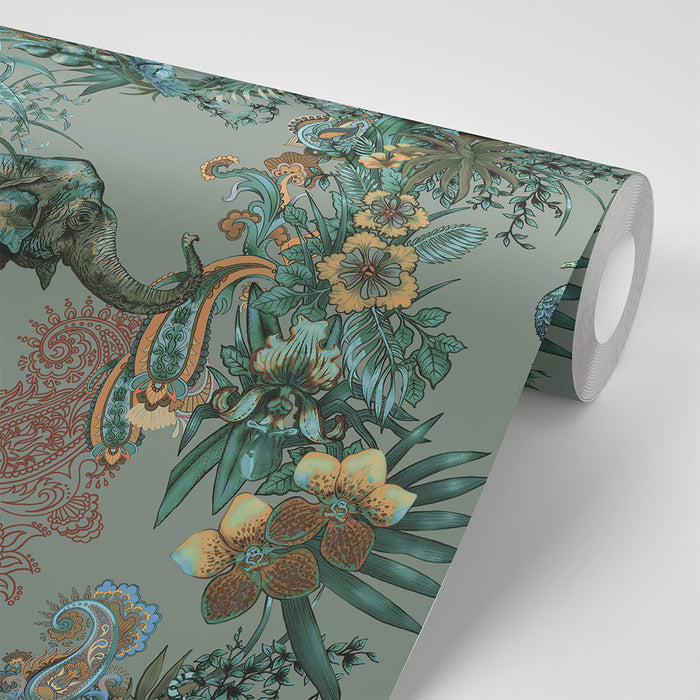 Elegant Designer Wallpaper in Jade Green with Indian Pattern by Designer, Becca Who