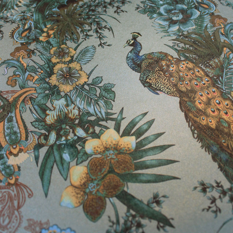 Luxury Designer Wallpaper in Jade Green with Indian Wildlife and Pattern by Designer, Becca Who