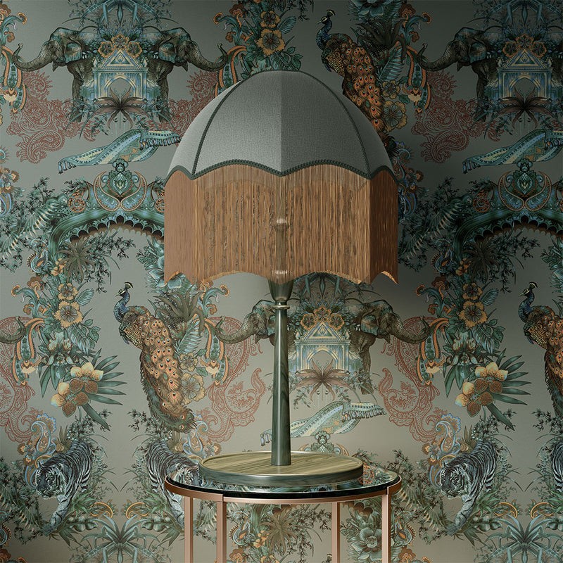 Luxury Designer Wallpaper in Jade Green & Gold with Indian Pattern by Designer, Becca Who