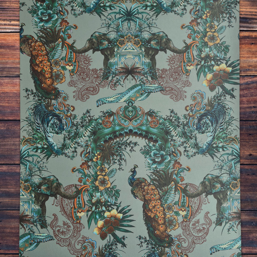 Matt Wallpaper in Jade Green with Indian Pattern by Designer, Becca Who