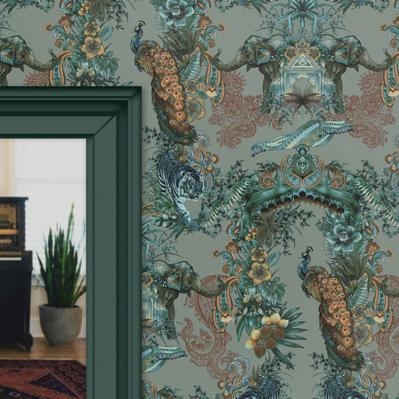 Elegant Patterned Wallpaper in Jade Green with Indian Wildlife by Designer, Becca Who