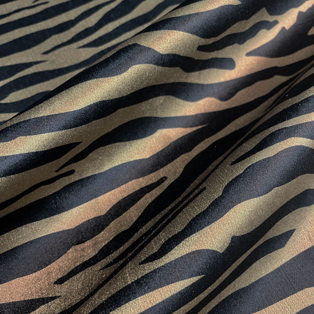 Khaki and Black Zebra Print Velvet Furnishing Fabric by UK Designer, Becca Who