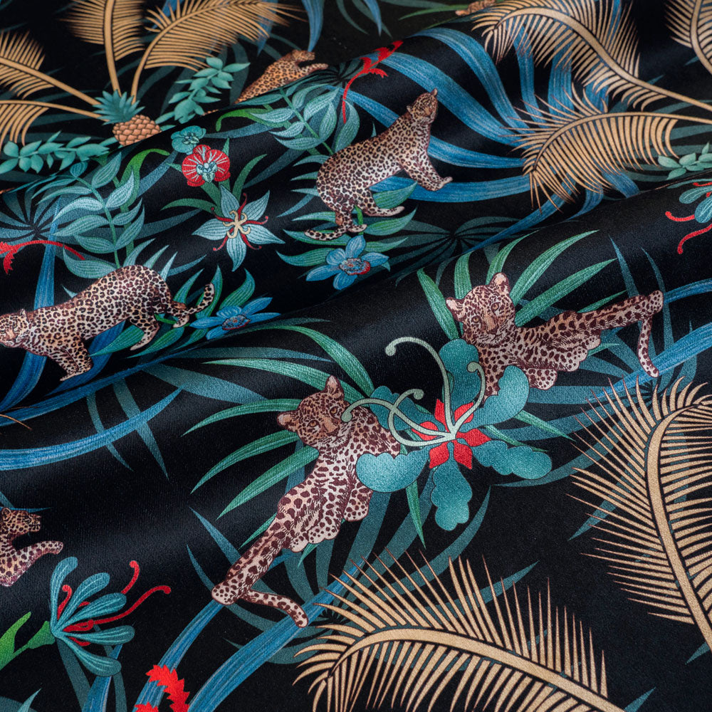 Leopard Luxe black and gold ornamental pattern designer velvet fabric by Becca Who, with leaping and lazing big cats among palms