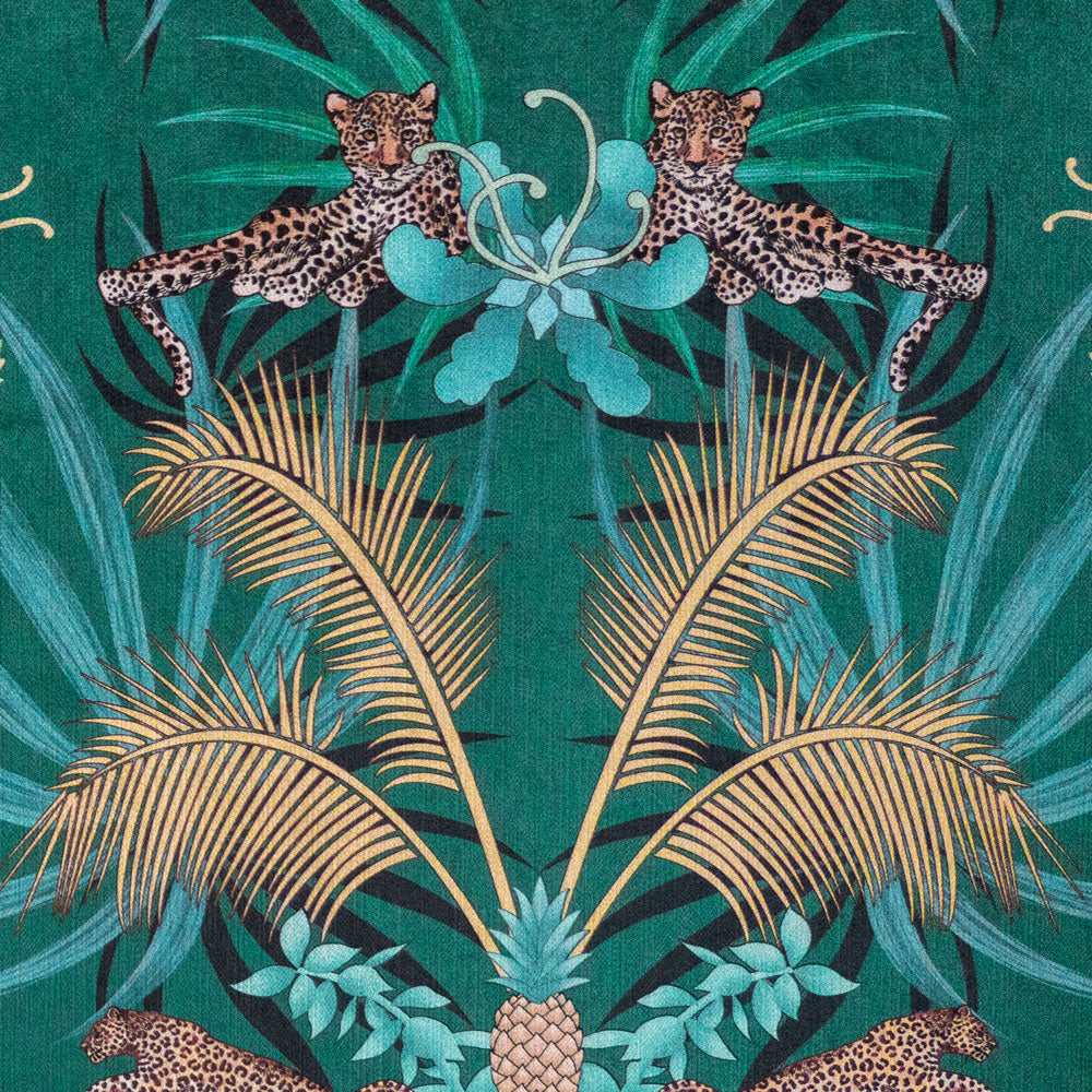 Close-up of gold palms and leopards on Leopard Luxe ornamental pattern velvet fabric in green