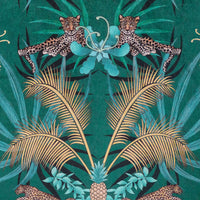 Close-up of gold palms and leopards on Leopard Luxe ornamental pattern velvet fabric in green