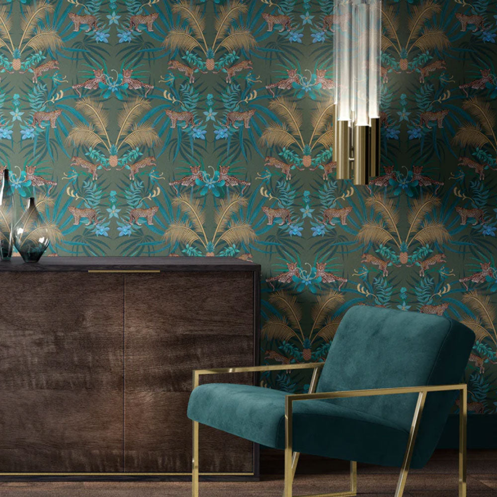 Luxury Statement Designer Wallpaper with Leopards in Green & Gold by Becca Who