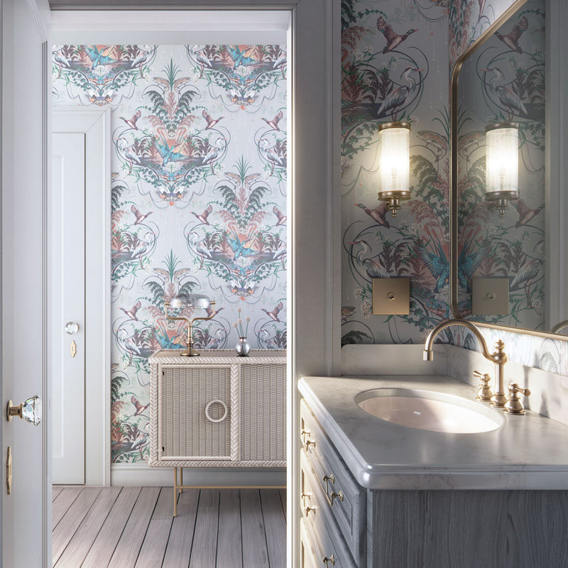 Light Blue Patterned Bathroom Wallpaper with Elegant River design by Becca Who