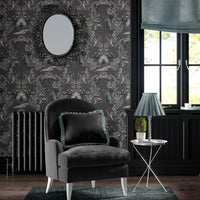 Dark Charcoal Luxury Patterned Wallpaper in Living Room