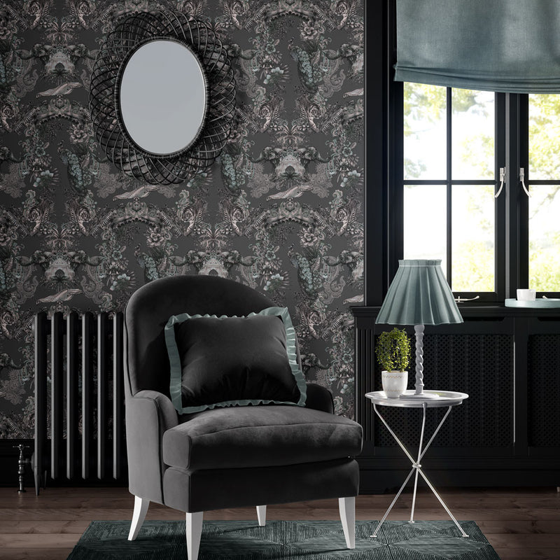 Dark Charcoal Luxury Patterned Wallpaper in Living Room
