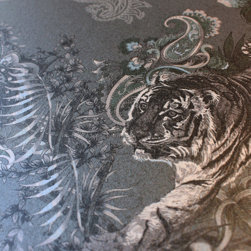 Dark Luxury Wallpaper in Charcoal by Designer, Becca Who with Indian Wildlife and Pattern