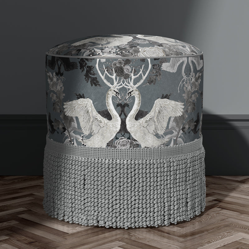 Luxury Designer Upholstery Velvet Fabric in Blue Grey with Swans by Becca Who