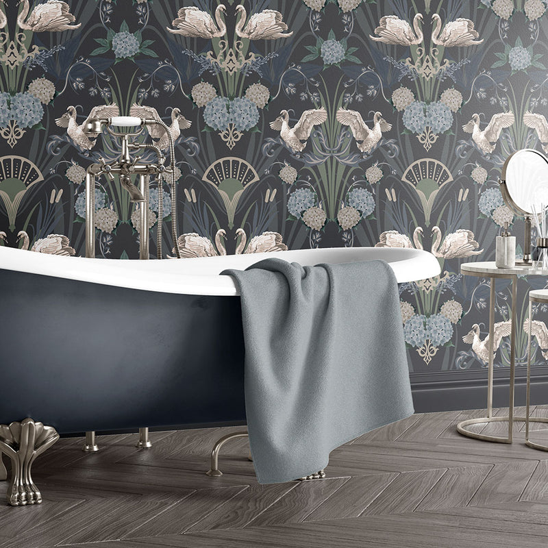 Art Deco inspired Designer Wallpaper in Midnight Blue with Swans by Becca Who