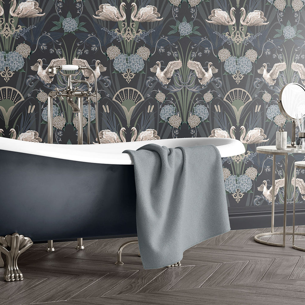 Luxury Art Deco Wallpaper Deco Swan Midnight by Becca Who — free download