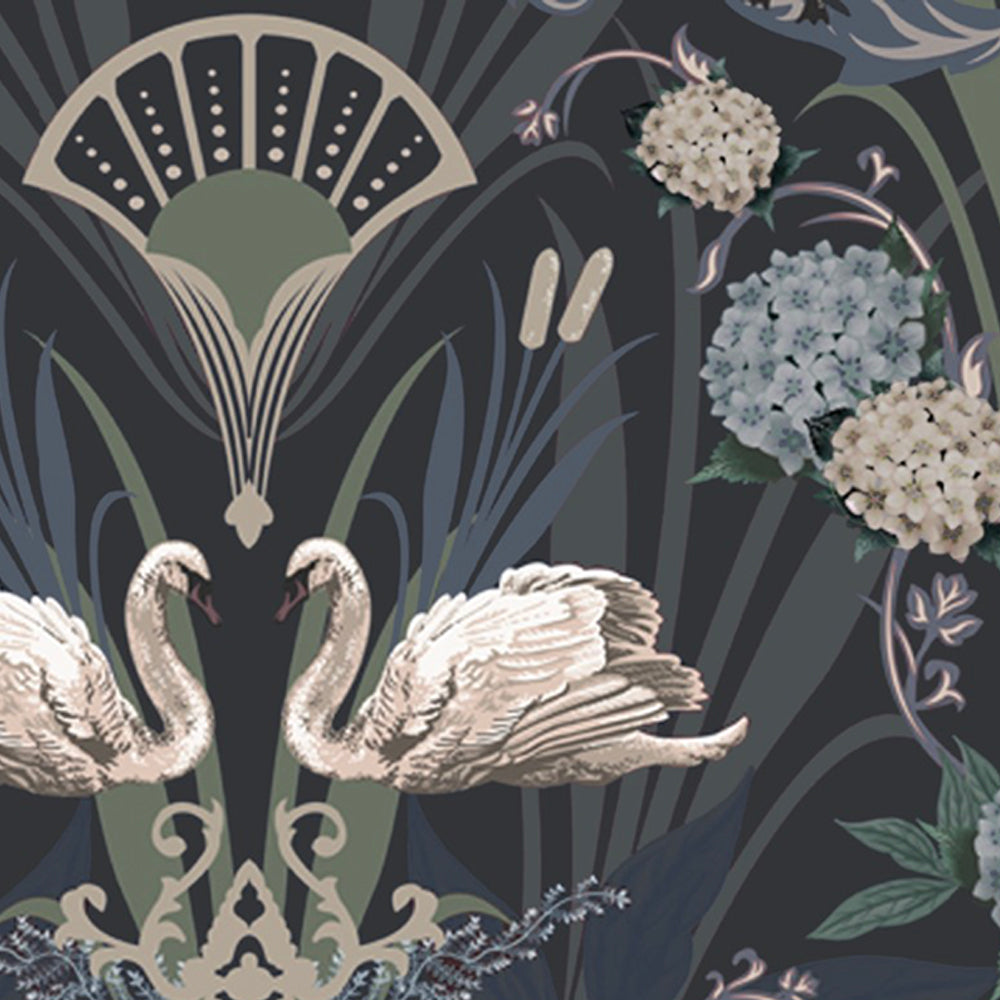 Deco Swan in Midnight Blue | Wallpaper Sample