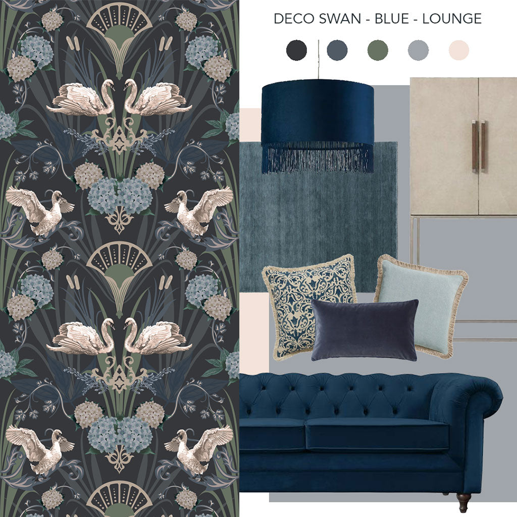 Art Deco inspired Designer Wallpaper in Midnight Blue with Swans for luxury interiors by Becca Who