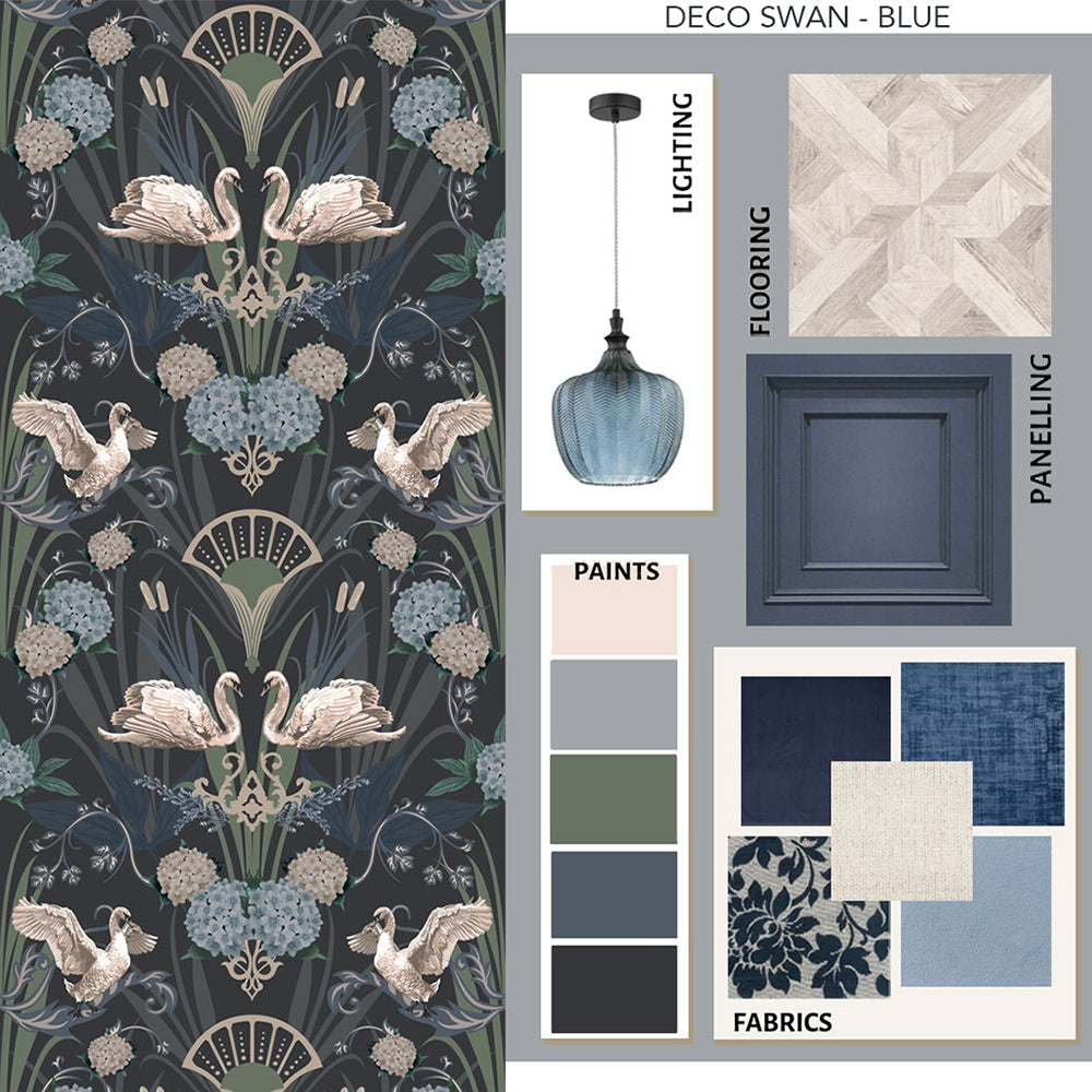 Deco Swan in Midnight Blue | Wallpaper Sample