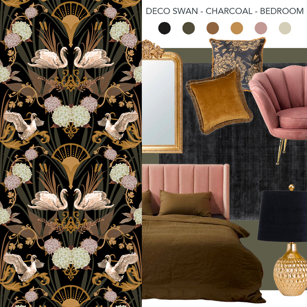 Art Deco inspired Luxury Designer Wallpaper Swan design in Charcoal and Gold by Becca Who
