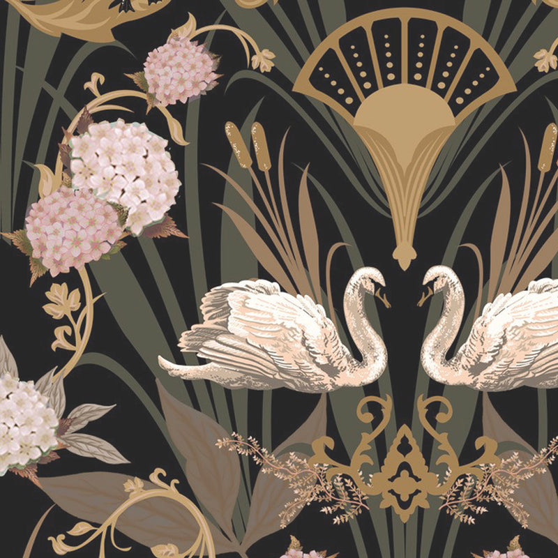 Deco Swan in Charcoal & Gold | Luxury Designer Wallpaper