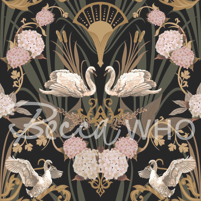 Deco Swan in Charcoal, Pink & Gold | Luxury Designer Wallpaper