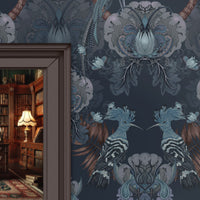 Dark Blue Bold Designer Statement Wallpaper with Birds for Luxury Home Decor by Becca Who