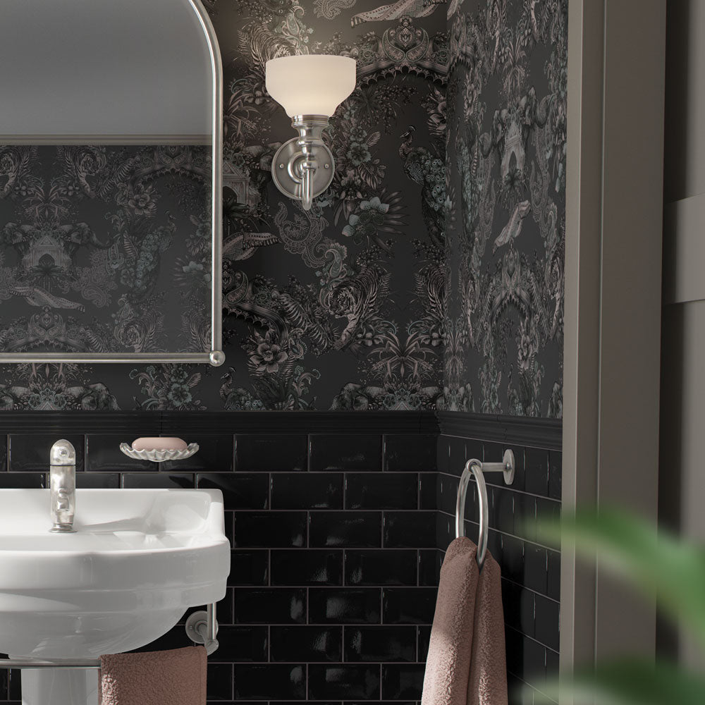 Dark Bathroom Wallpaper with Indian Pattern by Designer, Becca Who