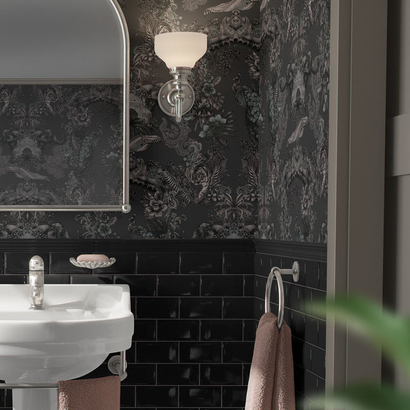 Dark Bathroom Wallpaper with Indian Pattern by Designer, Becca Who