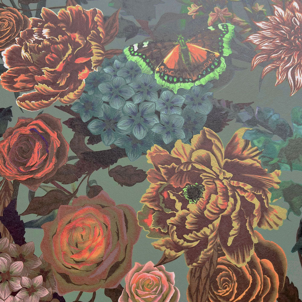 Sage Green Heavy Floral Luxury Wallpaper by UK Designer, Becca Who