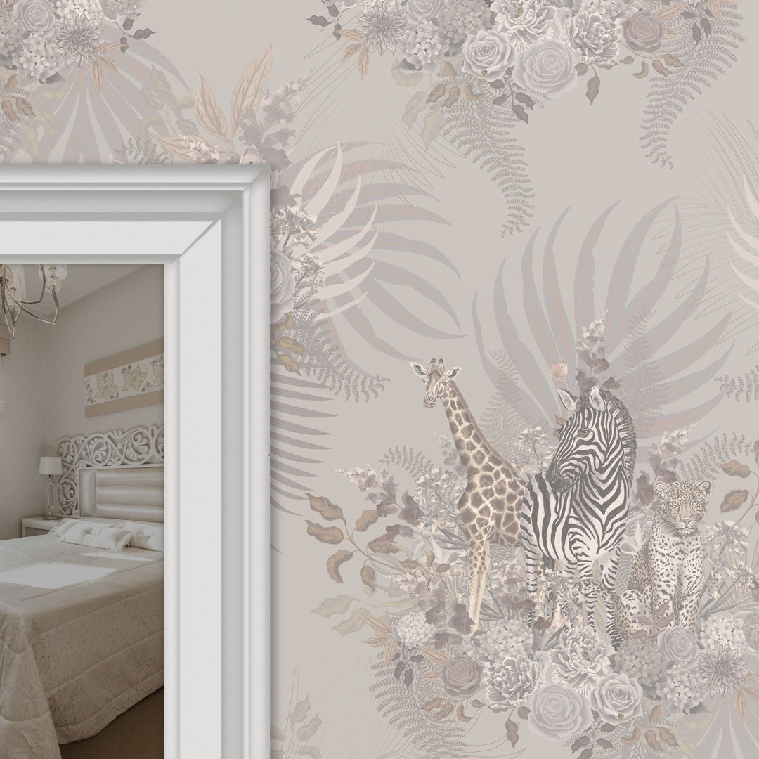 Elegant Pale Patterned Designer Wallpaper with African Animals by Becca Who