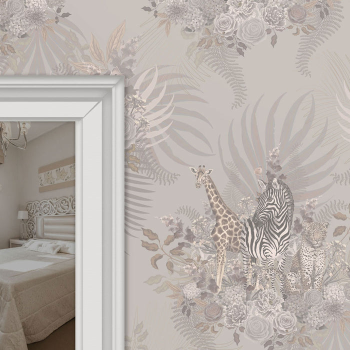 Elegant Pale Sand Patterned Designer Wallpaper with African Animals by Becca Who